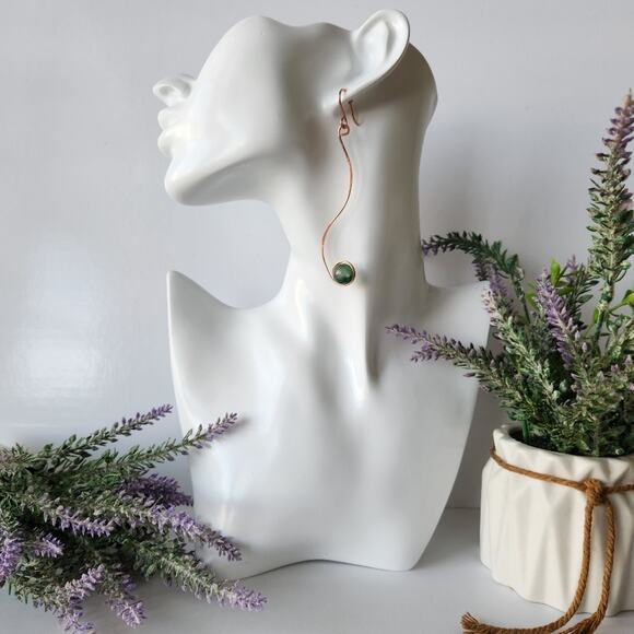 Handmade Copper Wire Wrapped Natural Green Jade Earrings - Elegant, Minimalist - Picture 2 of 8